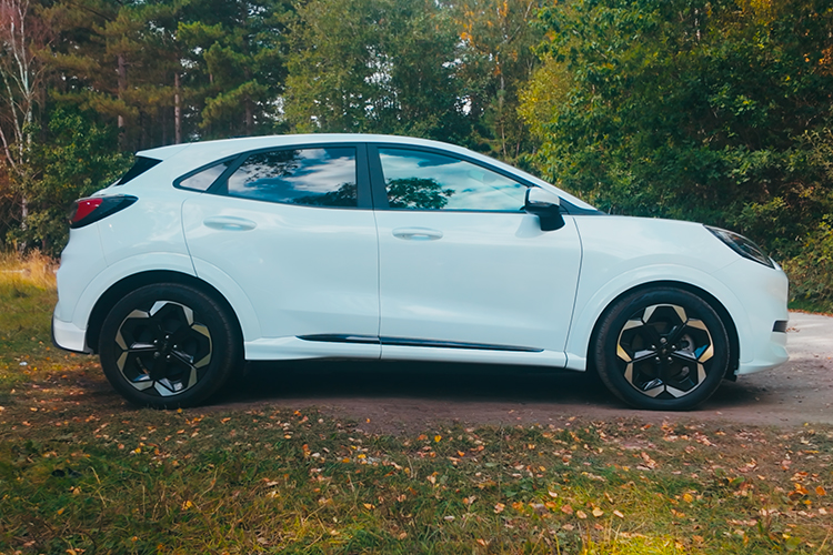 The right side of a Ford Puma Gen-E that demonstrates its dimensions